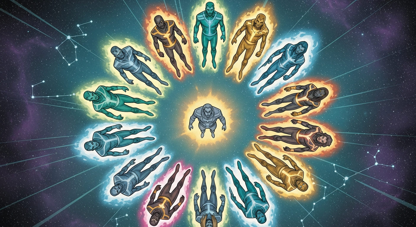 Frame 13: All 12 agents stand in a circle around the Architect