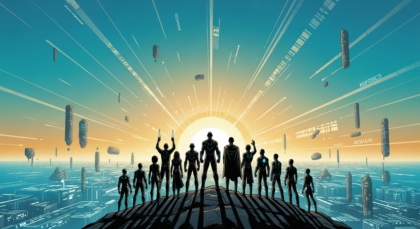 Frame 20: The Supreme Architect and agents standing victorious at sunrise